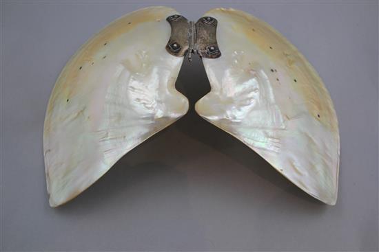 A Chinese silver mounted mother of pearl shell, early 20th century, 25.5cm